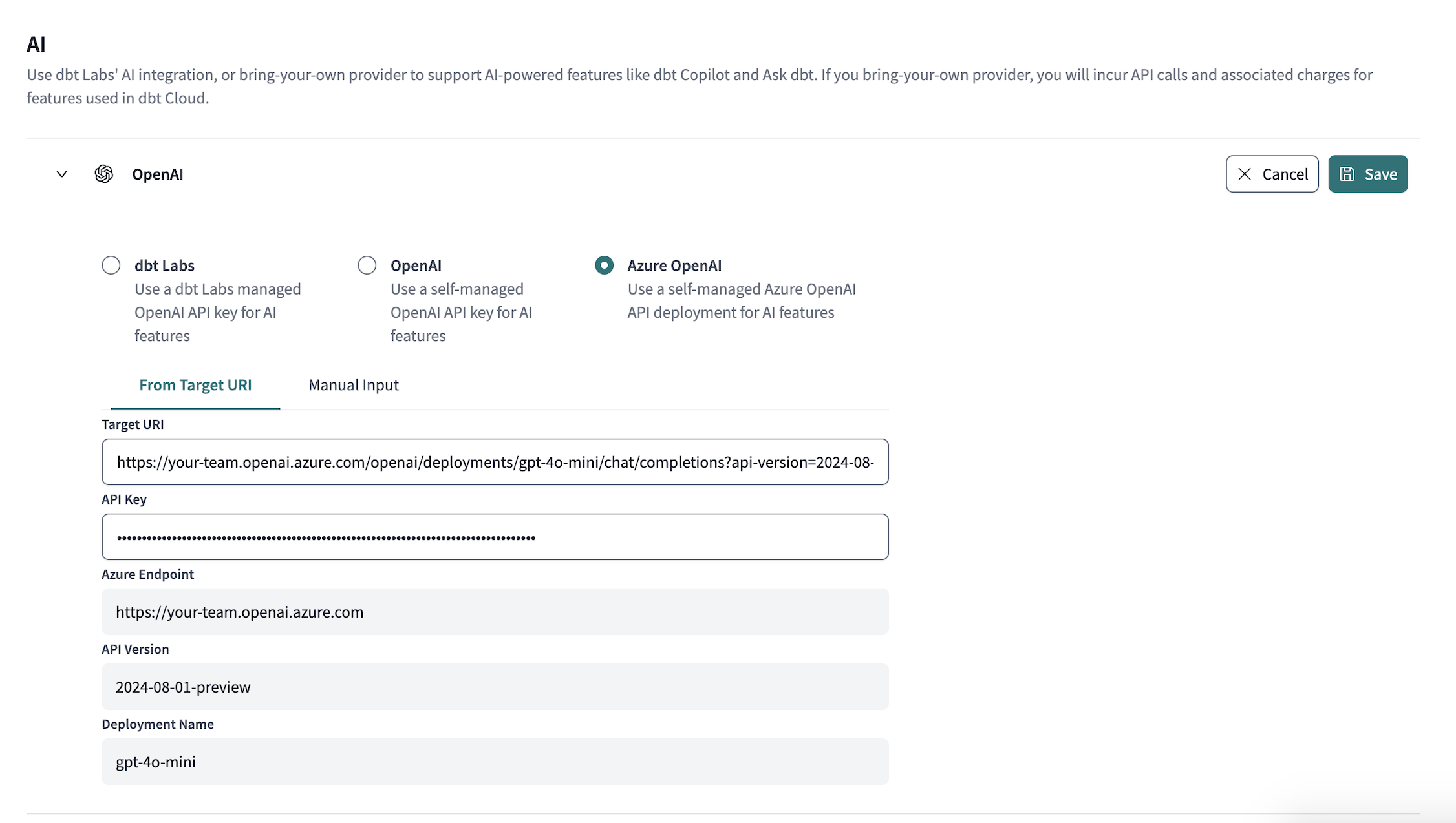 Example of Azure OpenAI integration section Example of Azure OpenAI integration section